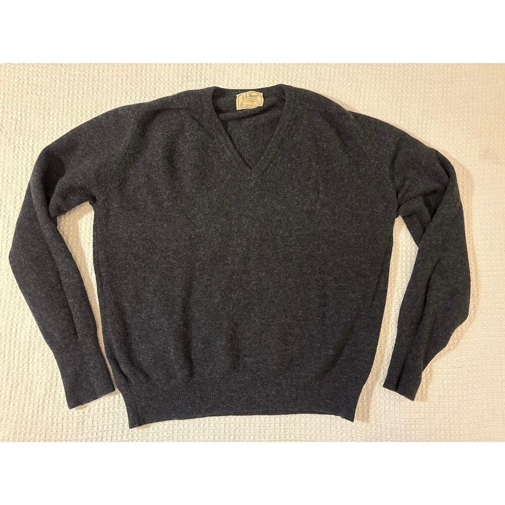 VTG 80s LL Bean Mens 100% Lambswool VNeck Knit Pullover Sweater Charcoal Gray XL